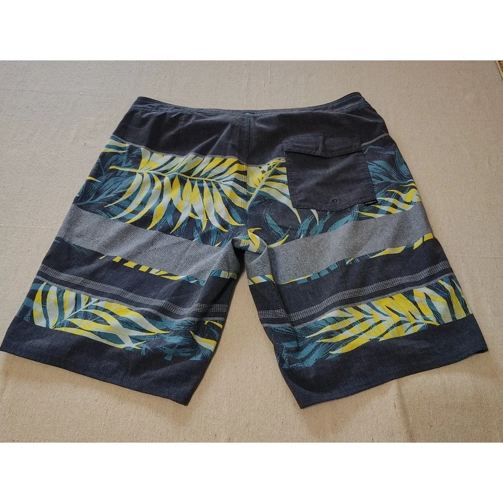 ONeill Mens Board Shorts Size 34 Gray Yellow‎ Tropical Palm Print Swim Trunks 24